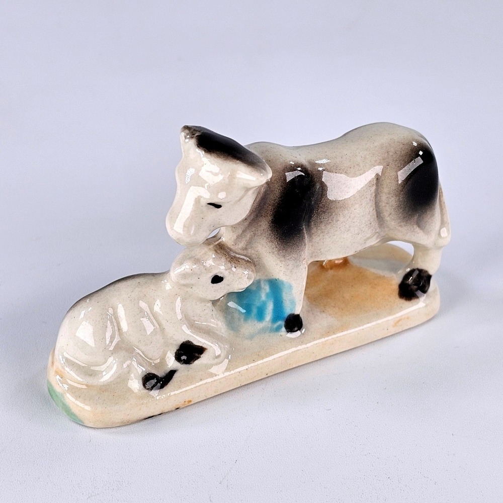 Vintage Japan Ceramic Cow and Calf Figurine Miniature Black White Farm Animal